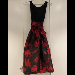 Party dress! Black stretch top with black and red jacquard shirt and wide sash